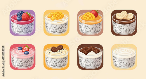 A vibrant digital illustration showcases various decorated cakes on plates in a colorful arrangement indoors.