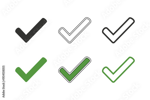 Check Mark Icon Set, Green and Black Tick Symbols for Web and Apps