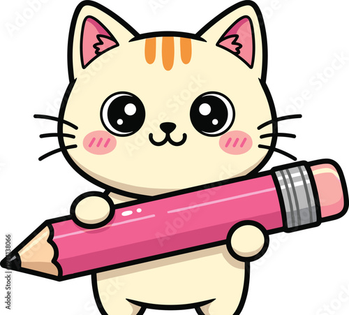 Cute Kawaii Cat Character Holding a Large Pink Pencil Cartoon Vector Illustration for School Education Creative Writing and Art Design