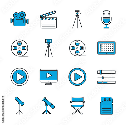 Collection of blue and black icons for filmmaking and video production equipment