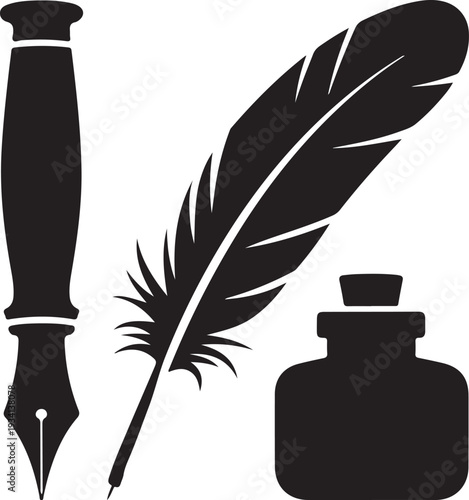 Black silhouette fountain pen feather quill inkwell