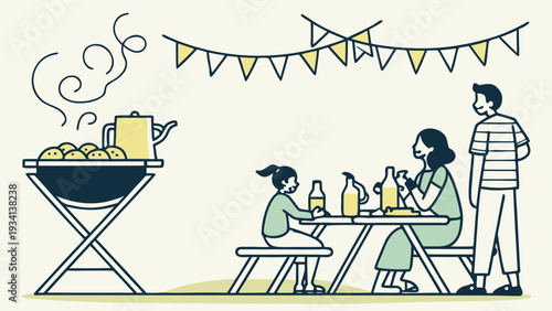 Family enjoying backyard barbecue on sunny day with festive bunting