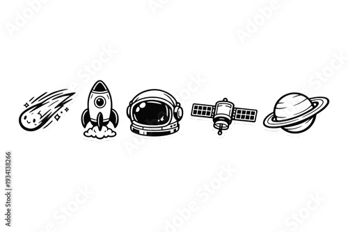 A collection of five minimalist black and white space-themed stickers featuring a smiling comet, a rocket ship, an astronaut helmet, a satellite, and a ringed planet on a black background.