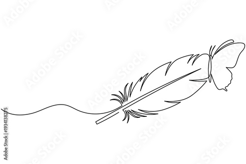Feather with Butterfly Continuous One Line Drawing Nature Minimalist Concept