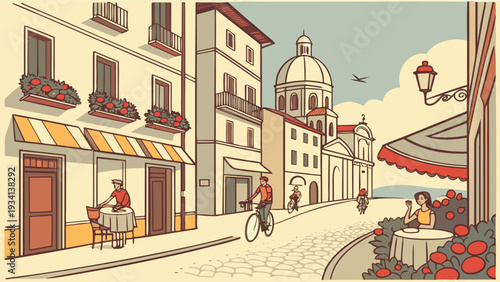 Vibrant European street scene with historic buildings and lively atmosphere