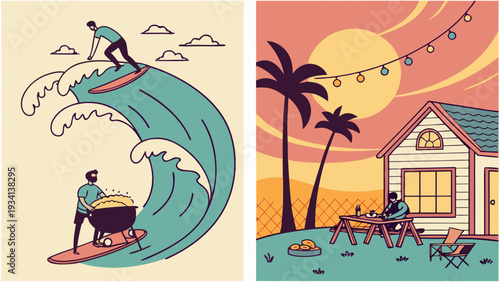 Man enjoying summer lifestyle with surfing and outdoor cooking