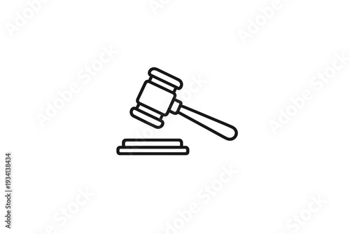 A minimalist black and white line art icon of a judge's gavel and sound block centered on a solid black background. This simple graphic represents law, justice, and legal proceedings.
