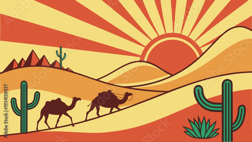 Vibrant desert landscape with camels walking towards sunset