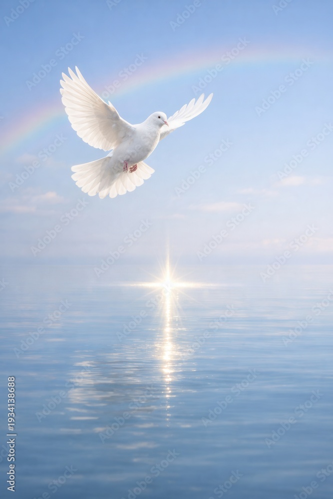 Fototapeta premium White dove flying above calm water with rainbow in sky and glowing light reflection, symbol of hope and peace