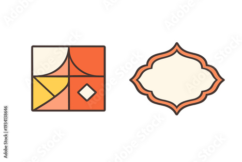Two minimalist graphic icons including a square composed of geometric patterns and a decorative label frame, both rendered in warm orange and cream colors on a dark backdrop.