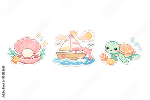 A set of three cute nautical stickers featuring a pink seashell with a pearl, a sailboat with a jumping dolphin, and a green sea turtle on a black background.