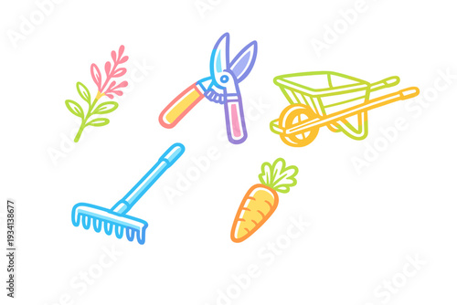 A collection of colorful neon-style gardening icons including a rake, wheelbarrow, shears, carrot, and plant branch, all set against a solid black background for high contrast.