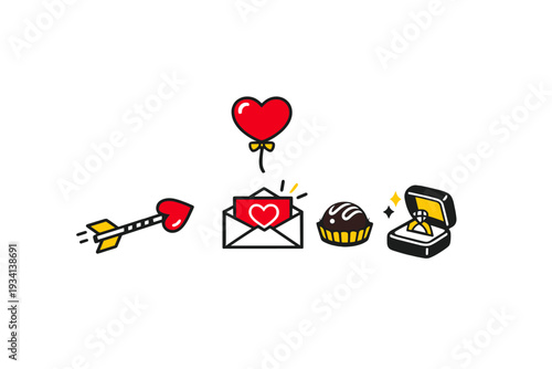 A collection of romantic icons including a heart-tipped arrow, a heart balloon, a love letter, a chocolate truffle, and an engagement ring in a box on a black background.