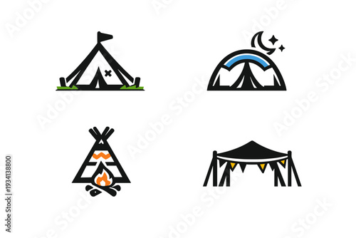 A set of four minimalist camping icons featuring an A-frame tent, a dome tent under a crescent moon, a teepee with a campfire, and a large canopy tent with decorative bunting.