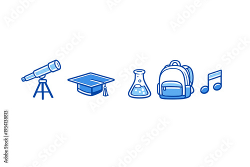 A set of blue and white educational icons including a telescope, graduation cap, laboratory flask, backpack, and musical notes arranged horizontally on a black background.