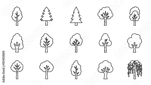 Collection of diverse black outline simple tree icons vector graphic set representing various species for nature and environment design projects