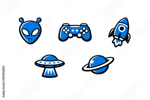 A collection of five blue and white space-themed stickers featuring an alien head, a game controller, a rocket ship, a UFO, and a planet with rings on a black background.