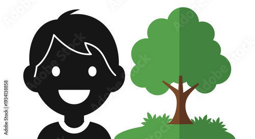 A cartoon boy smiling next to a tree in a simple illustration