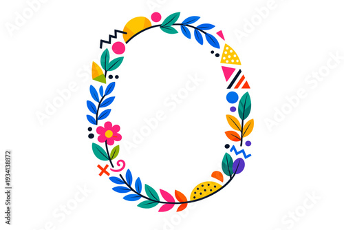 A colorful vector illustration of the letter O or number zero formed by a decorative frame of vibrant leaves, flowers, and geometric shapes on a solid black background.