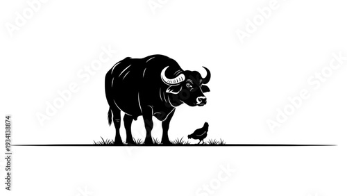 Majestic Black Bull Standing Tall Beside a Tiny Chicken on a Strip of Grass