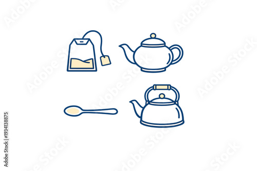 A collection of four minimalist icons featuring a tea bag, a teapot, a spoon, and a kettle. The illustrations use blue outlines and cream fills against a solid black background.