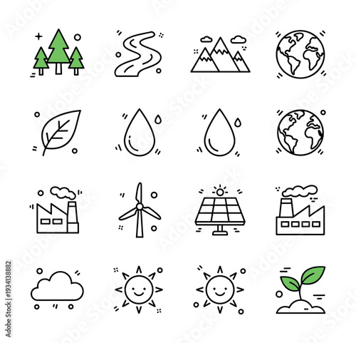 Collection of environmental and nature icons representing sustainability and ecology