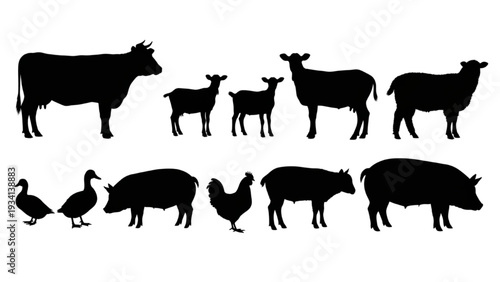 Collection of black silhouettes featuring various farm animals and domestic livestock
