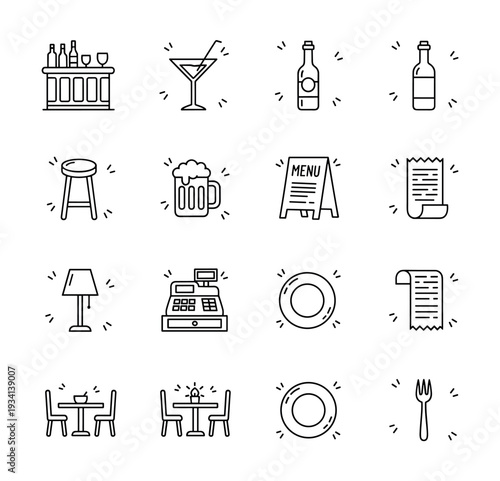 Collection of restaurant and bar icons in a clean, modern line art style