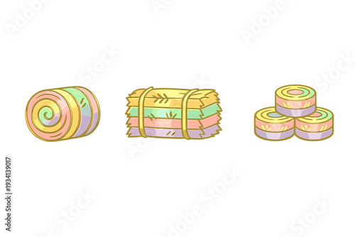 Three stylized illustrations of hay bales in pastel colors like pink, yellow, green, and purple. The set includes a round bale, a rectangular bale, and a stack of three small round bales.
