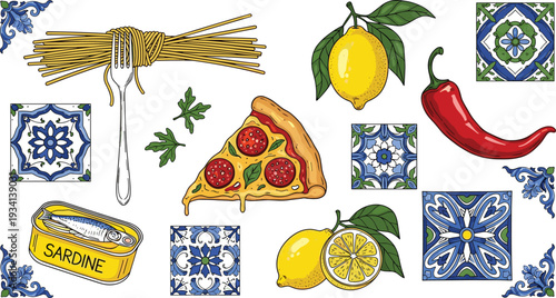 Italian Food Illustration Set with Pizza Slice, Pasta, Sardines, Lemon, Chili Pepper and Decorative Ceramic Tile Elements