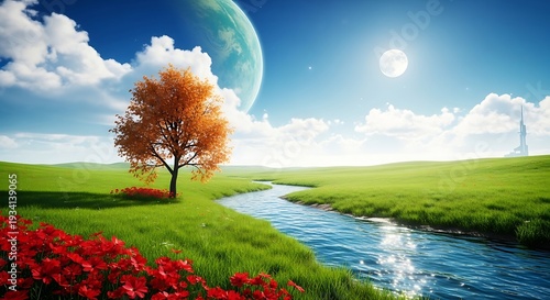 Beautiful landscape with tree river and flowers in green field under blue sky with moon and planet