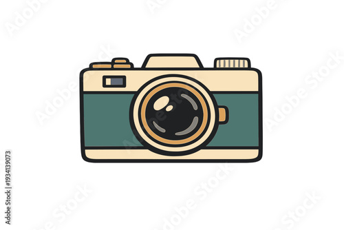 A stylized sticker illustration of a vintage film camera featuring a teal body and cream accents. The graphic has a bold white outline and is set against a solid black background.