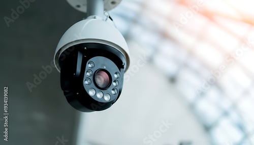 Security camera dome CCTV surveillance system with infrared LEDs and blurred background for monitoring, safety and protection featuring night vision, crime prevention, deterrence with access control