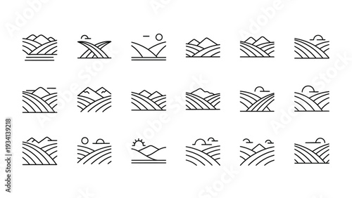 A comprehensive collection of modern agricultural landscape vector graphic illustrations featuring fields, hills, and mountains in a minimalist line art design style.