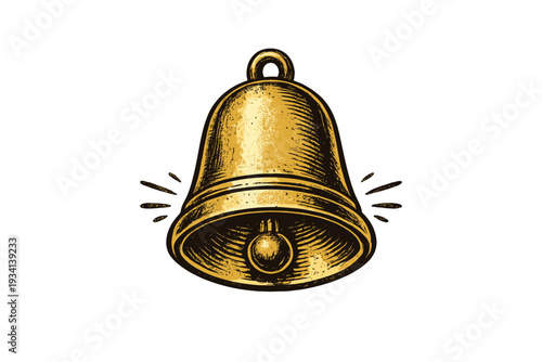This vintage golden bell illustration features a detailed engraving style with a clapper and motion lines. The artwork is set against a solid black background for a classic look.