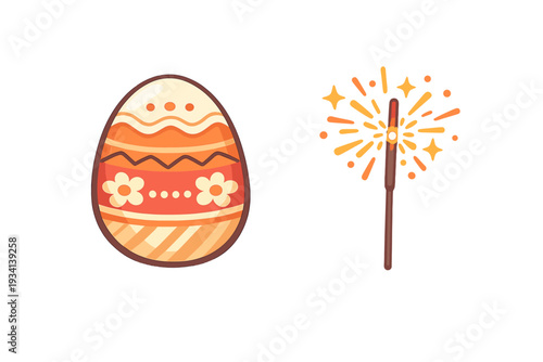 This illustration features a colorful decorated Easter egg with floral and geometric patterns next to a glowing sparkler with bright orange sparks against a solid black background.