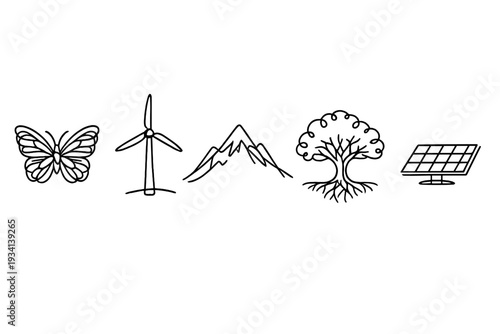 A set of five minimalist line art icons representing nature and renewable energy, including a butterfly, wind turbine, mountain, tree with roots, and a solar panel on a black background.