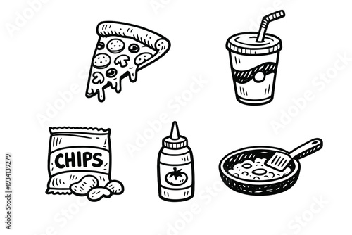 A collection of hand-drawn food icons including a pizza slice, soda cup, bag of chips, ketchup bottle, and a frying pan with a spatula on a black background.