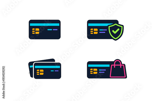 A set of four credit card icons on a dark background, featuring a standard card, a secured card with a shield, multiple cards, and a card with a shopping bag for online retail.