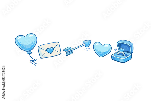 A collection of blue hand-drawn romantic icons including a heart-shaped balloon, a love letter, a heart-tipped arrow, a heart, and an engagement ring box on a black background.