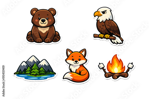 A collection of five cartoon stickers featuring a brown bear, a bald eagle, a mountain landscape, a cute orange fox, and a campfire with marshmallows on a black background.