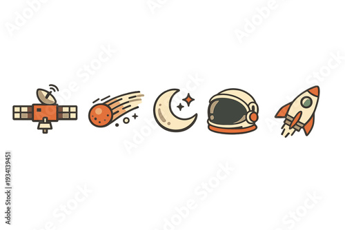 A collection of five space-themed icons including a satellite, a comet, a crescent moon, an astronaut helmet, and a rocket ship, presented in a flat retro style on a black background.