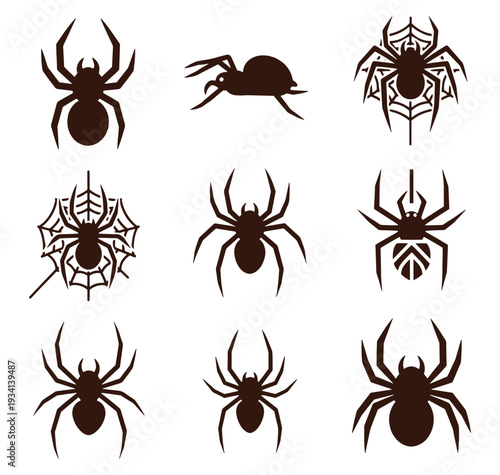 Brown spider silhouettes on white background for design and illustration