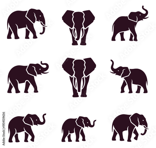 collection of brown elephant silhouettes in various poses on white background