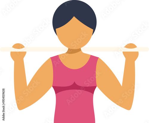 Woman performing a workout with a barbell across her shoulders in a flat cartoon style
