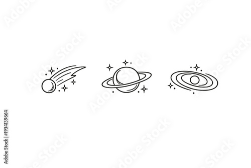 A set of three minimalist black line art icons depicting celestial bodies including a comet, a ringed planet, and a spiral galaxy, each surrounded by small twinkling stars on a white background.