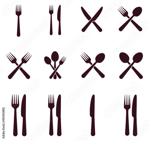 Collection of cutlery icons including forks knives and spoons on white background