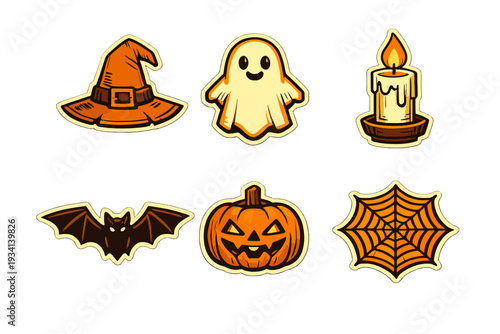 A set of six Halloween stickers featuring a witch hat, a smiling ghost, a lit candle, a flying bat, a carved pumpkin, and a spider web, all set against a solid black background.