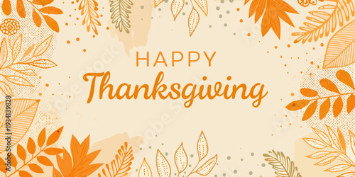 Festive autumn leaves and calligraphy celebrating a happy thanksgiving