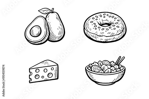 A collection of four hand-drawn food illustrations featuring a halved avocado, a glazed donut with sprinkles, a slice of Swiss cheese, and a bowl of salad with chopsticks.